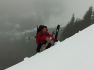 Adam cresting the steep slope to camp